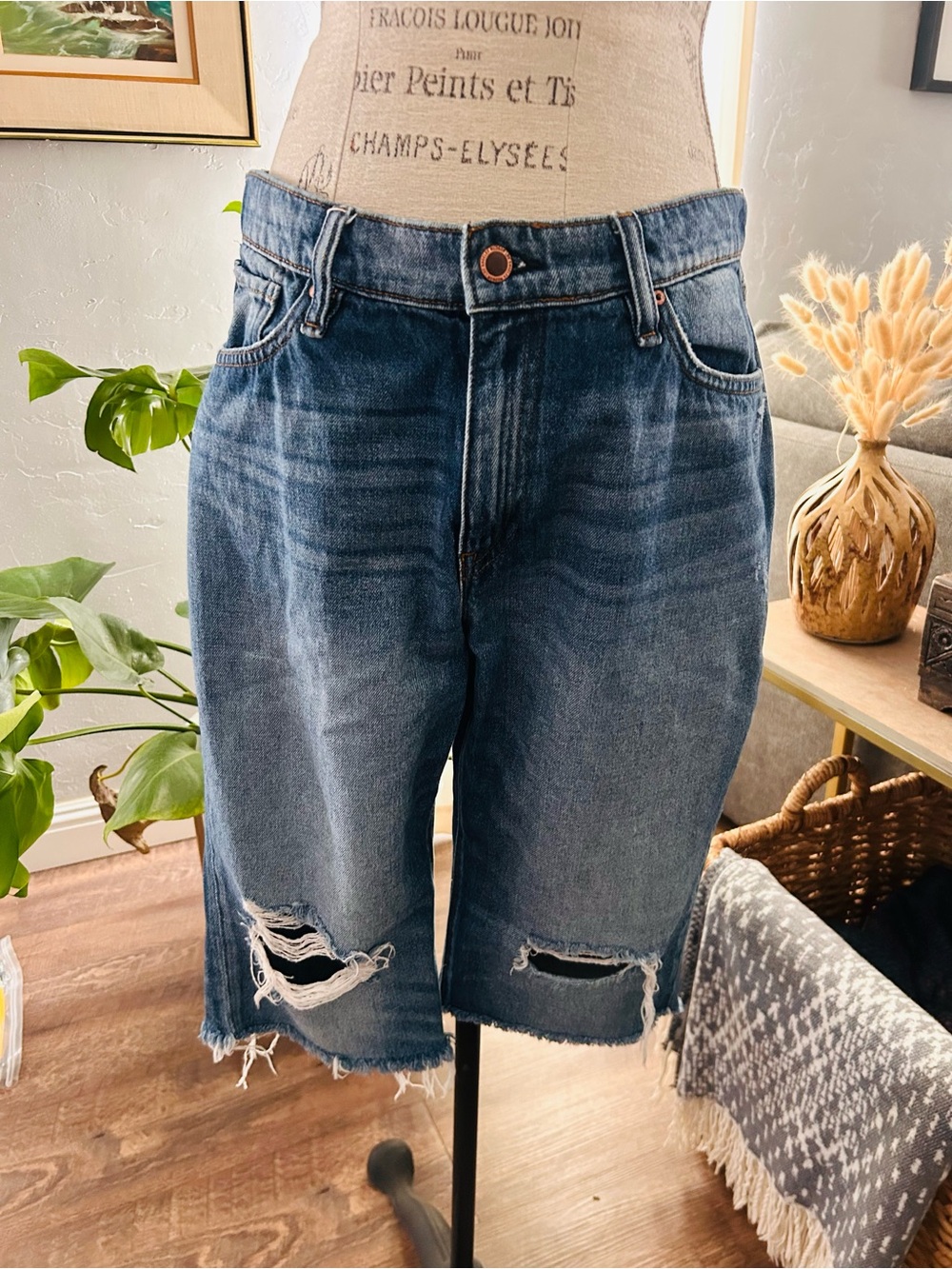 Hudson Distressed Dark Blue Denim Bermuda Shorts